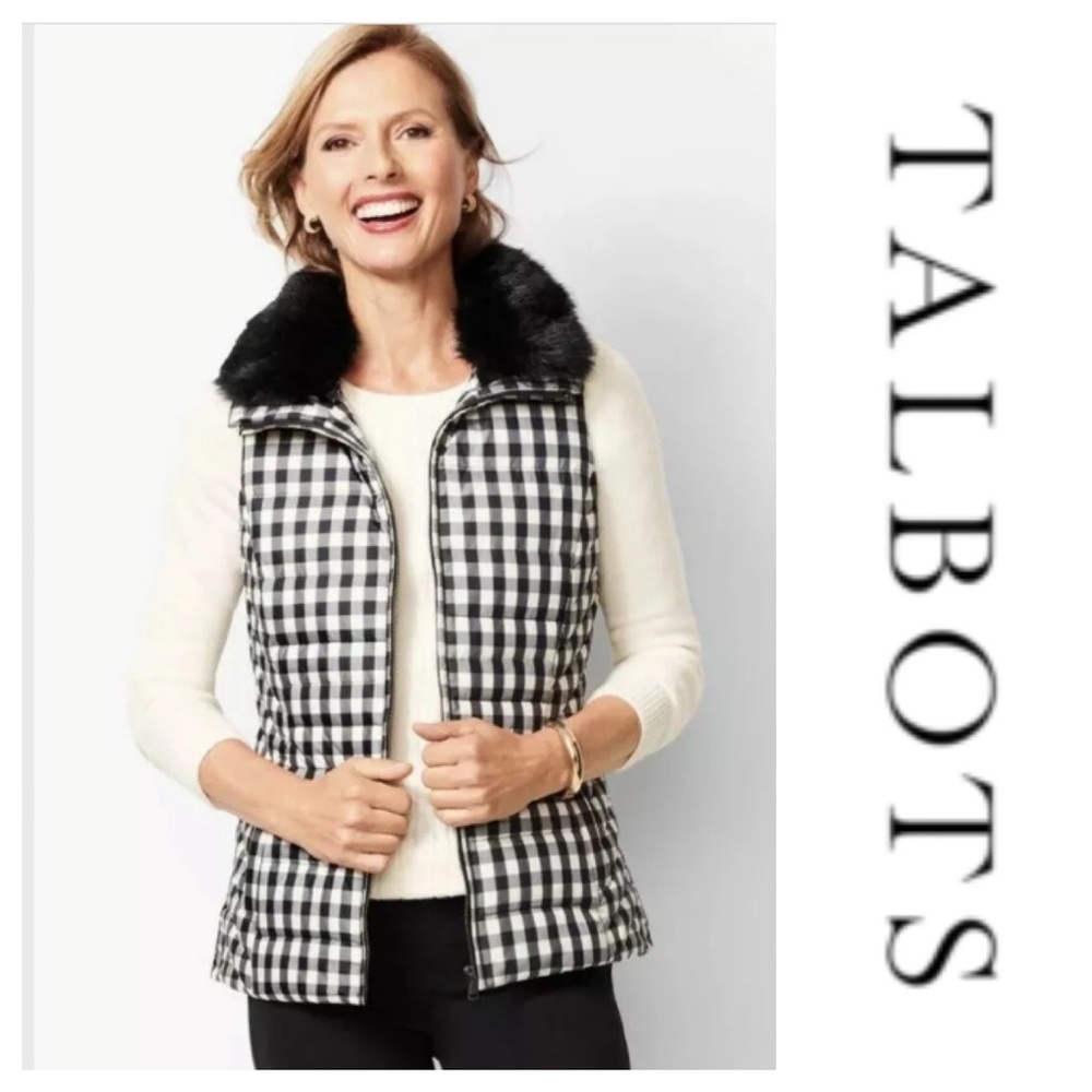 Gingham puffer vest with faux fur collar by Talbots. Xsmall